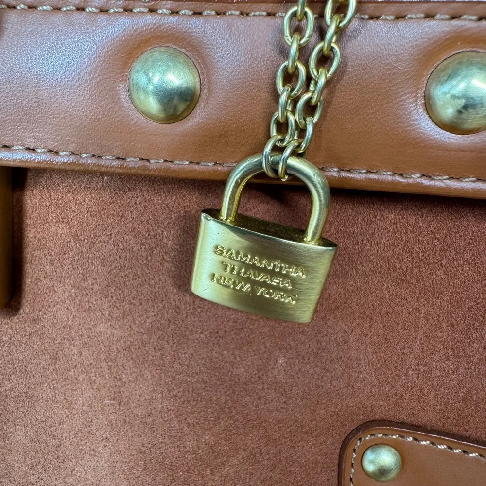 Samantha Thavasa New York Cognac Leather Suede Studded Satchel Handbag *FLAW